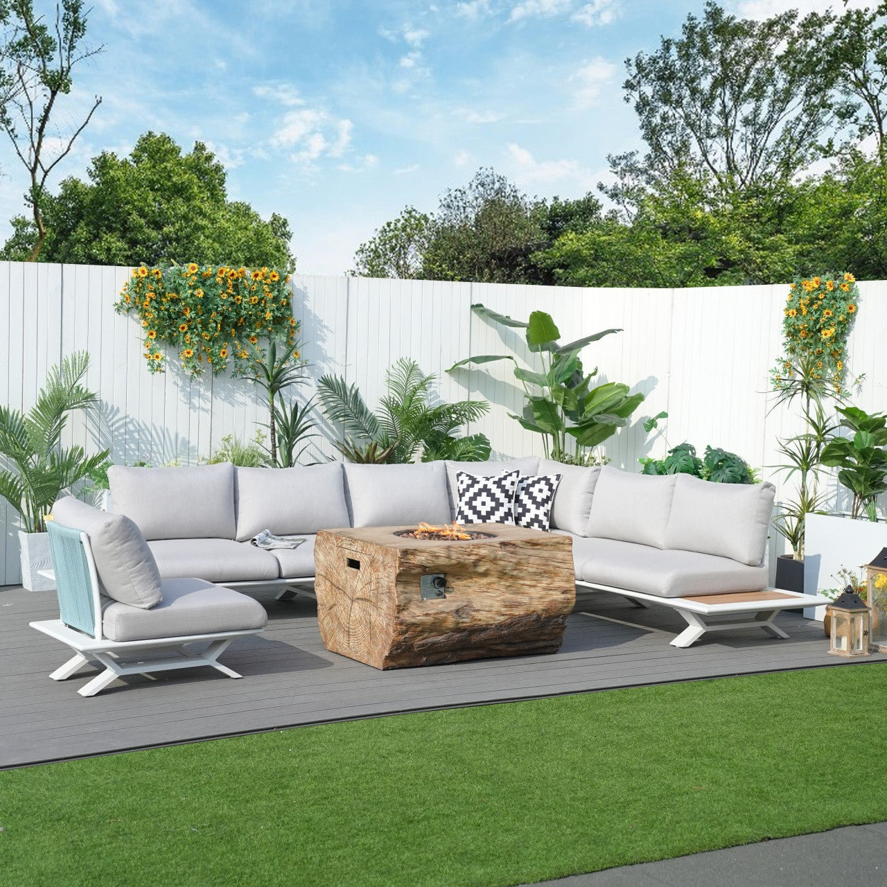 High-grade teak handrails aluminum dew pipe sofa garden set with imitation wood grain stove table