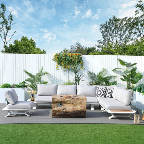High-grade teak handrails aluminum dew pipe sofa garden set with imitation wood grain stove table