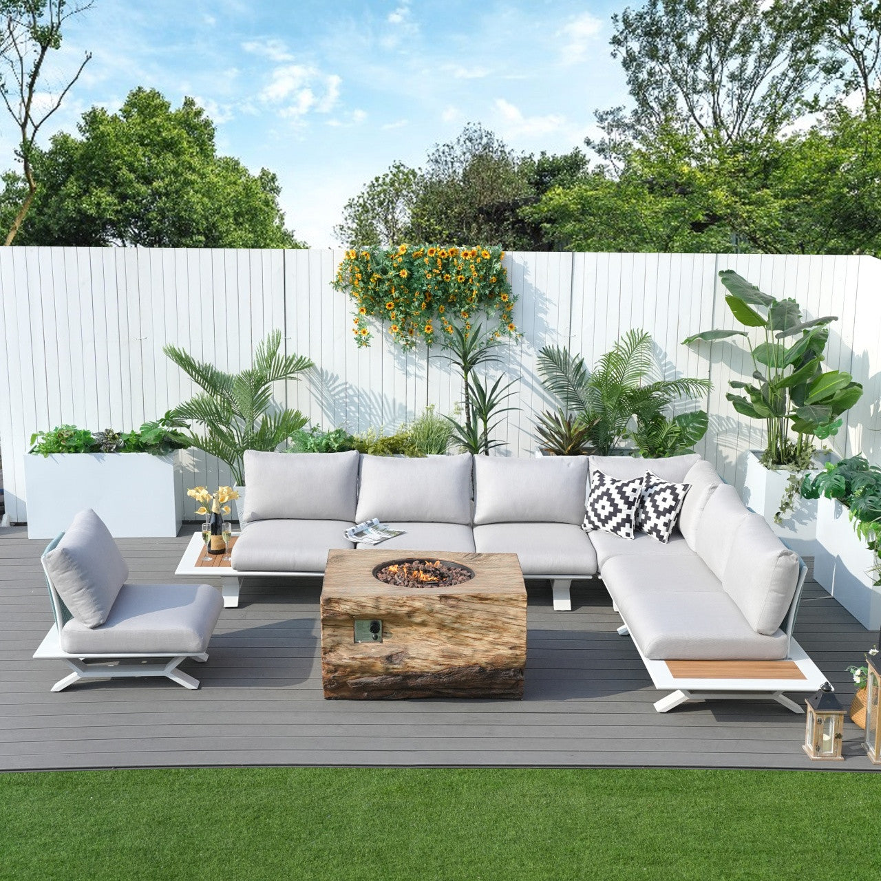 High-grade teak handrails aluminum dew pipe sofa garden set with imitation wood grain stove table