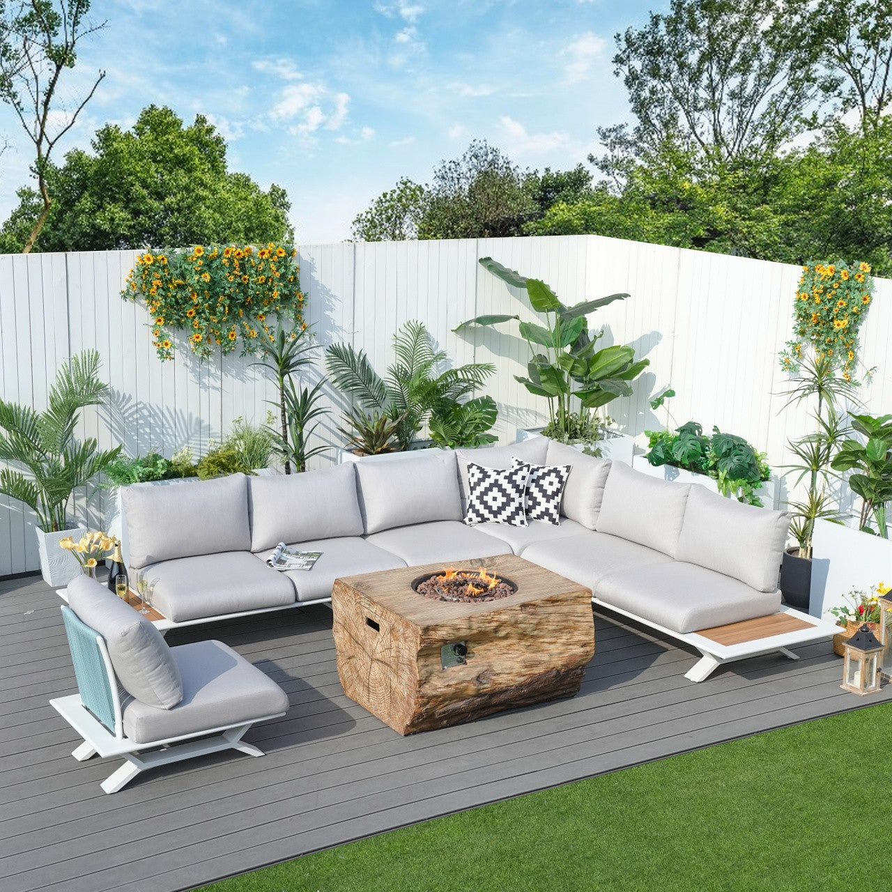 High-grade teak handrails aluminum dew pipe sofa garden set with imitation wood grain stove table