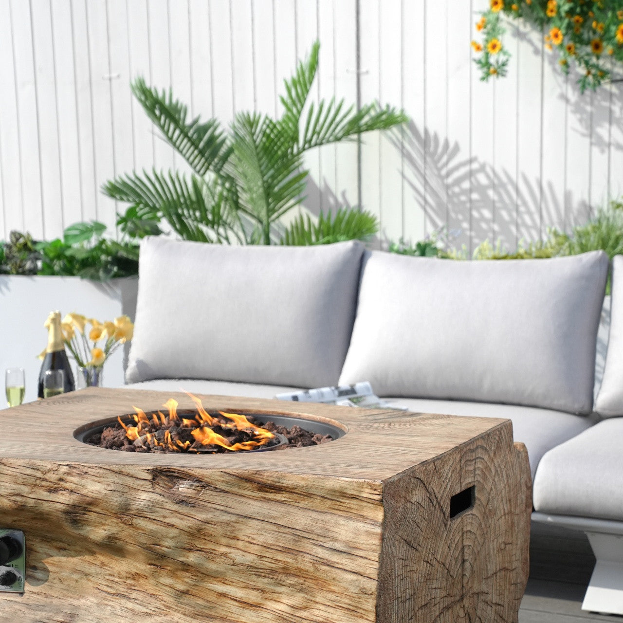 High-grade teak handrails aluminum dew pipe sofa garden set with imitation wood grain stove table