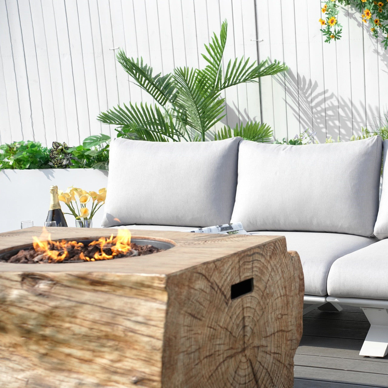 High-grade teak handrails aluminum dew pipe sofa garden set with imitation wood grain stove table