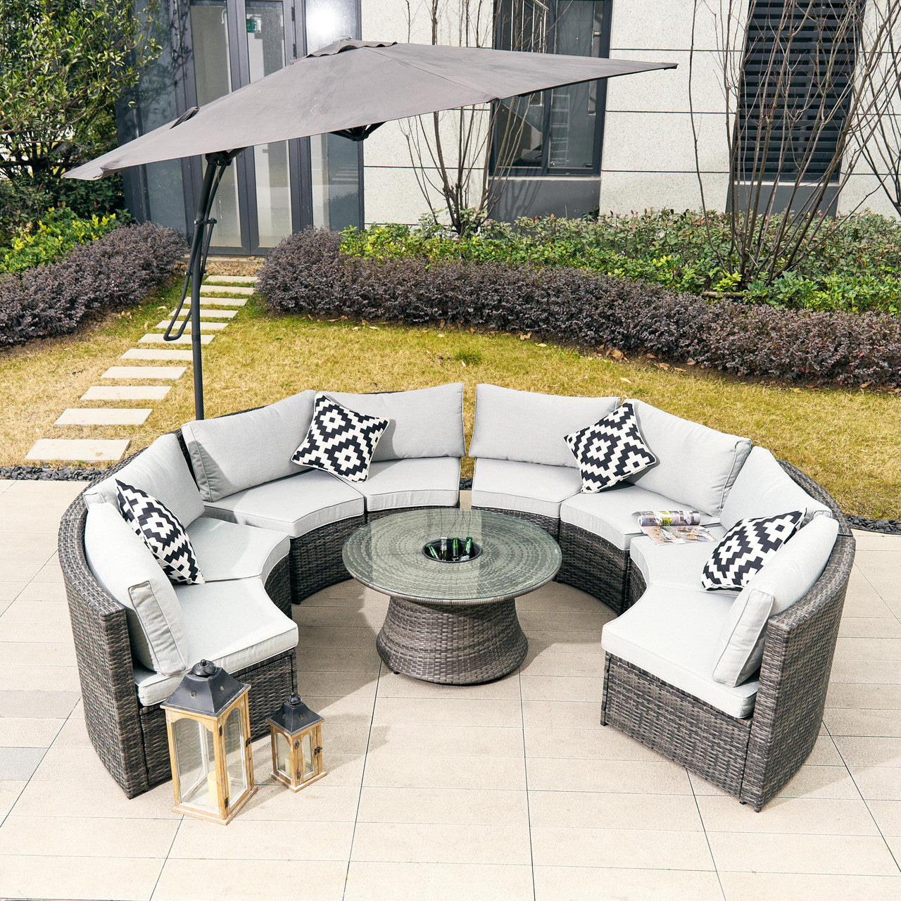 Elegant iron outdoor sofa set with detachable design, offering comfort, durability, and versatility for any outdoor space.