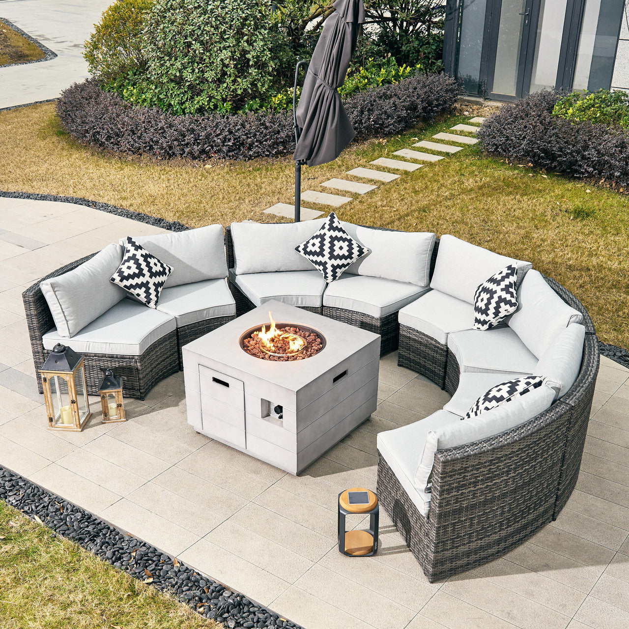 Modern 8-seater outdoor sofa set with a multifunctional fire pit table, detachable design, and durable iron frame for year-round comfort.