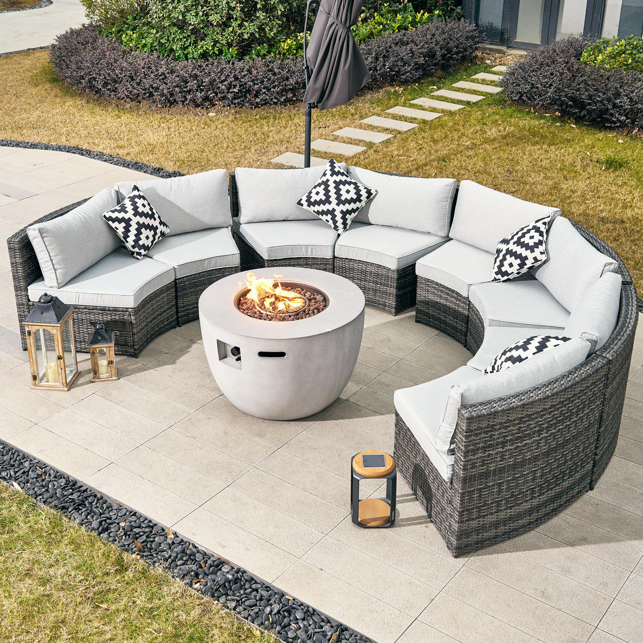A versatile 8-seater outdoor sofa set with a fire pit, offering comfort, style, and functionality.
