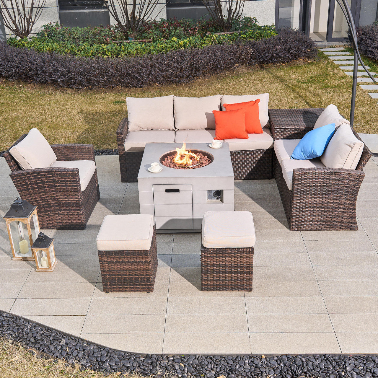 8 Pieces Seating Sofa Set= 3-seats Sofa X 1 + Love-seat X 1 + Single Sofa X 1 + Ottoman X 2 + Store Box X 1 +Stove Table X 1