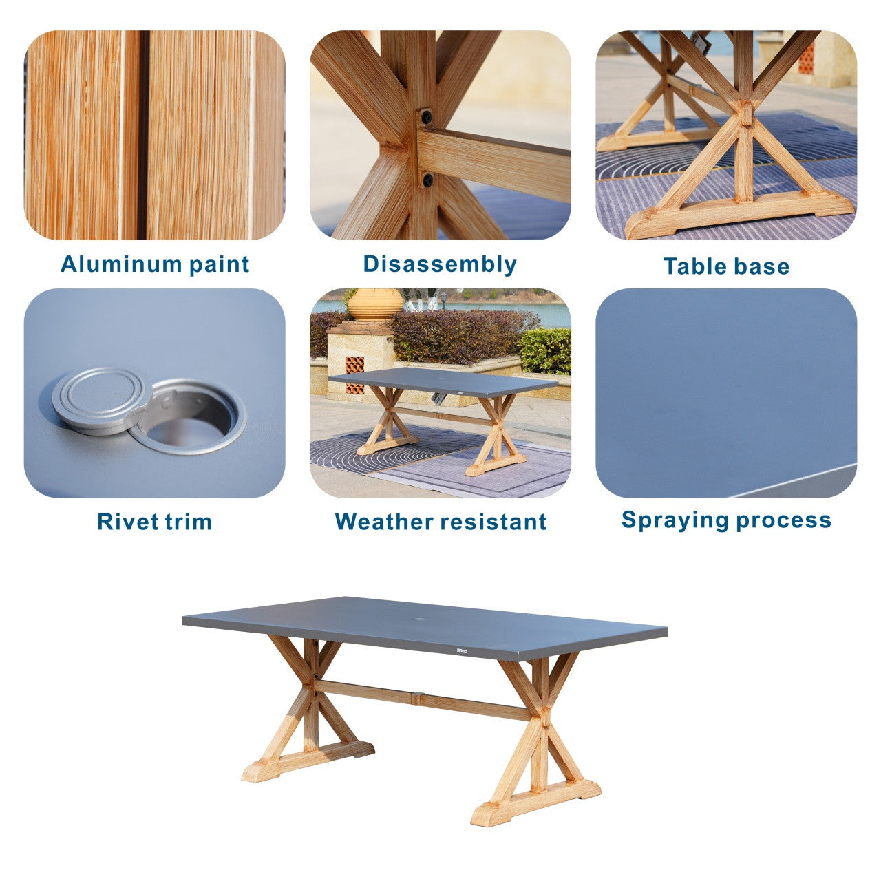 6-Seat Rectangular OutdoorDining Table with Aluminum Tabletop (PAD-2340TA-Table)