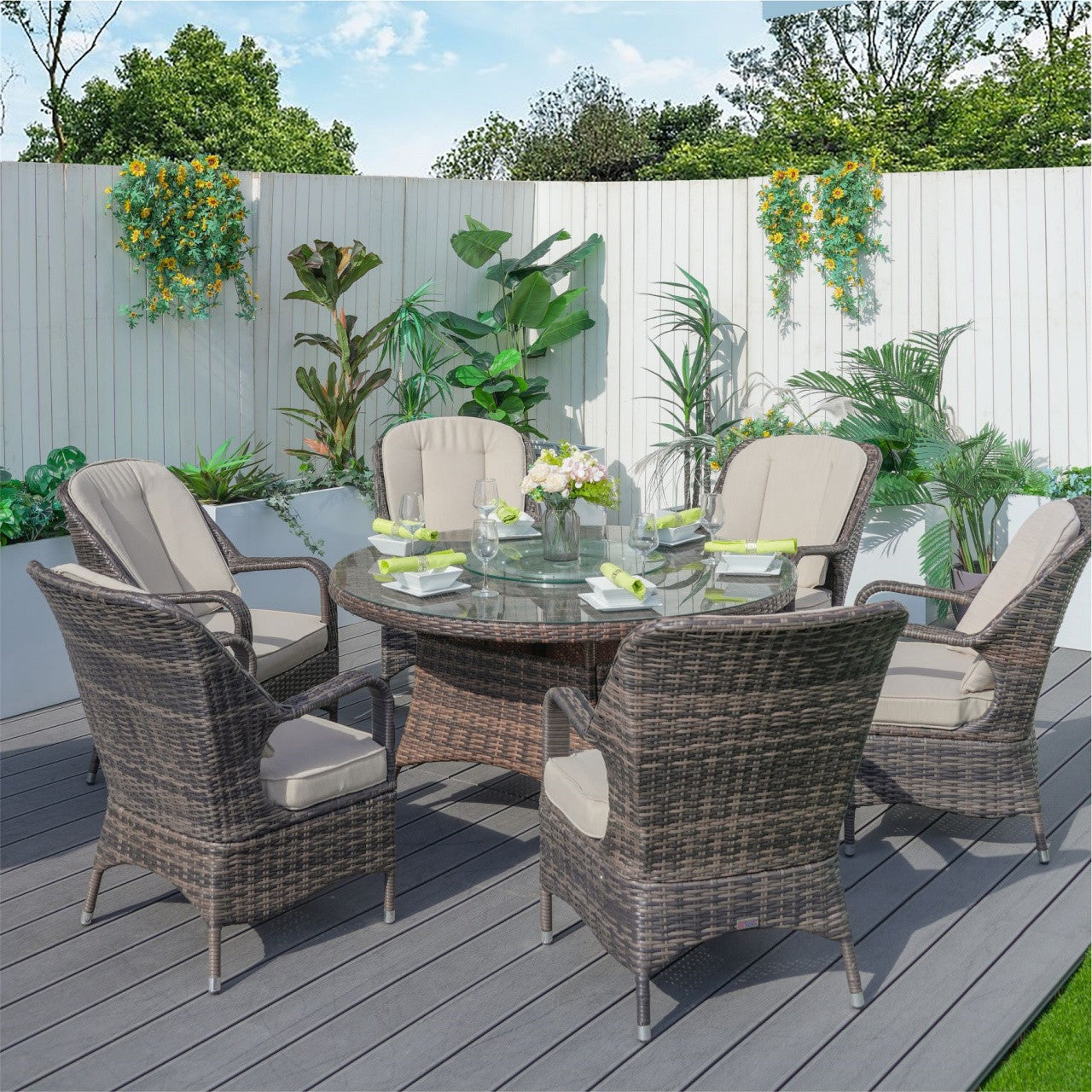 Direct Wicker 6-Person Round Outdoor Dining Table Set with Glass Turntable (Model PAD-1711-Set) 