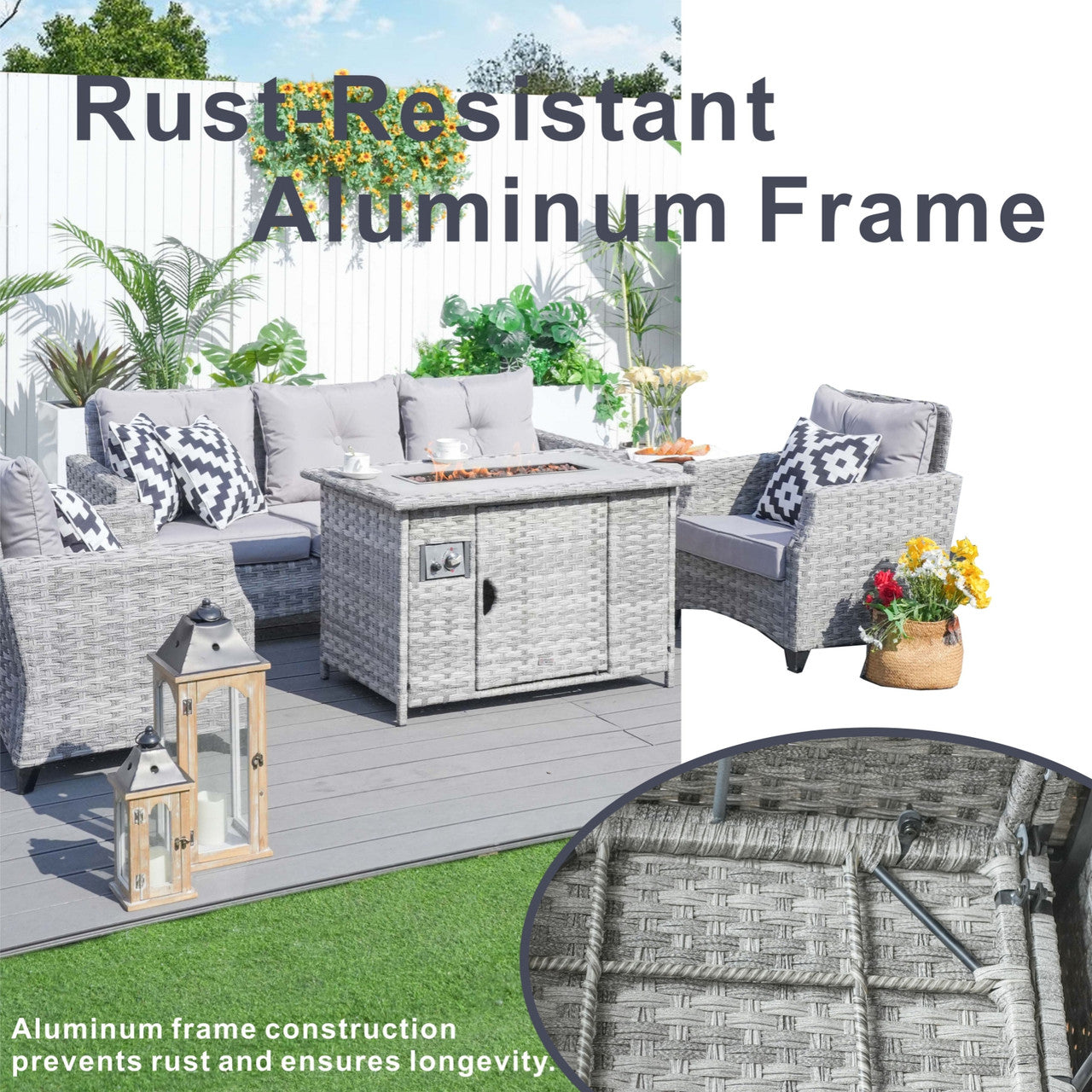 Details of Direct Wicker Gray Patio Sofa Set with Fire Pit Table 