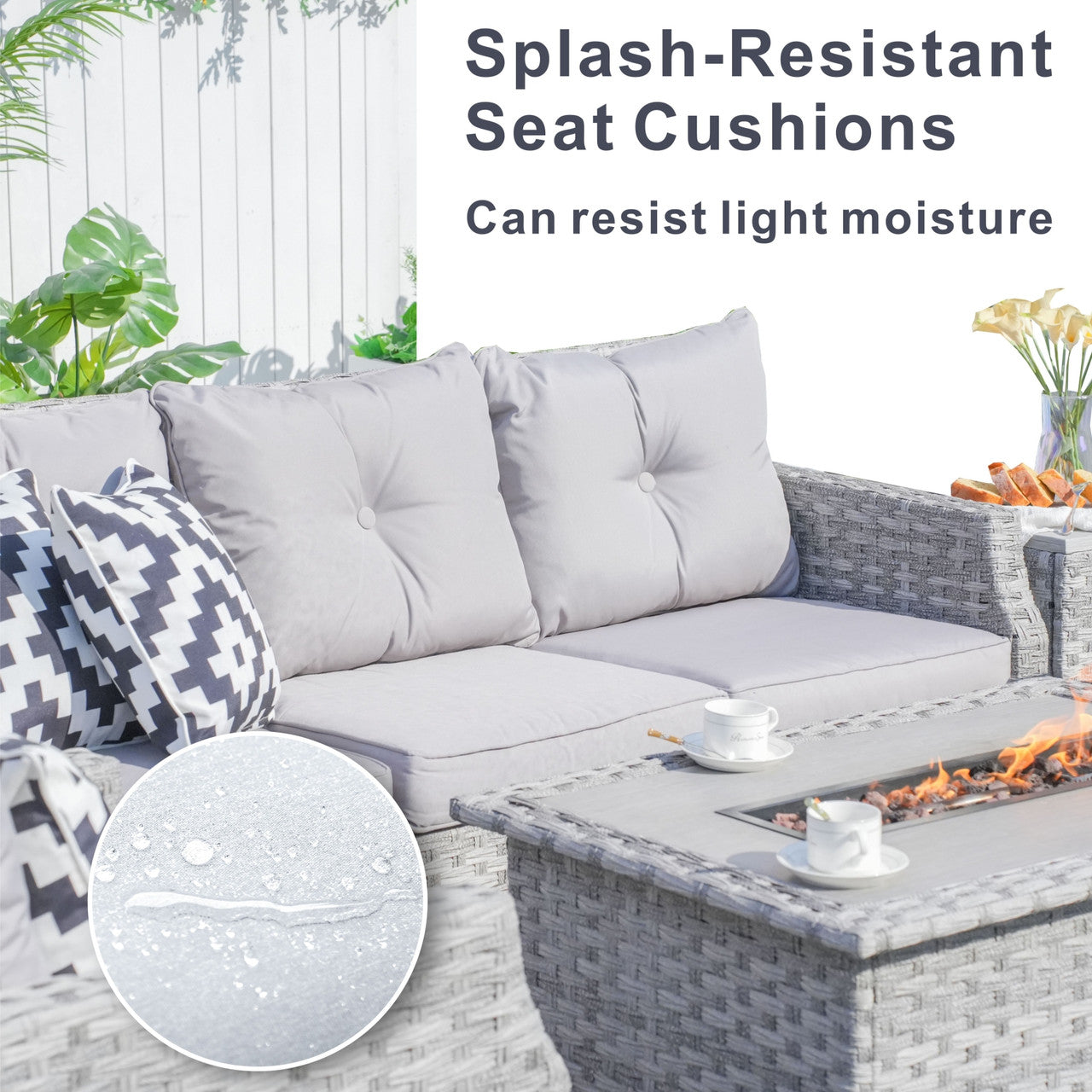 Details of Direct Wicker Gray Patio Sofa Set with Fire Pit Table 