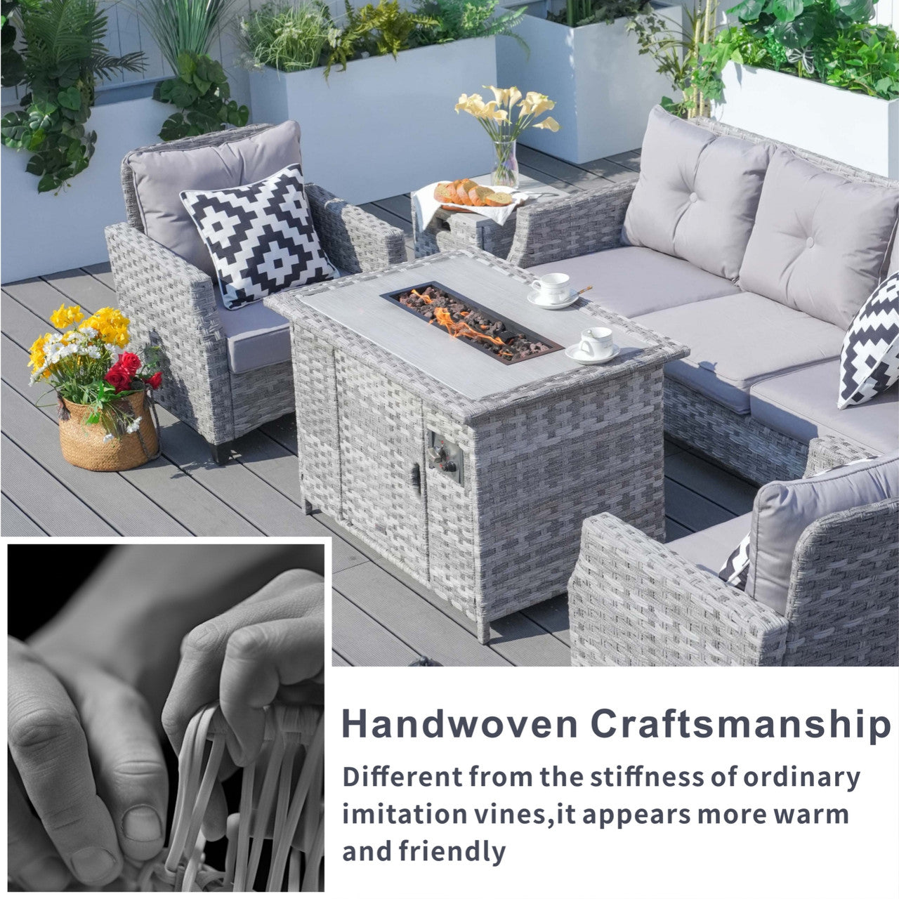 Details of Direct Wicker Gray Patio Sofa Set with Fire Pit Table 