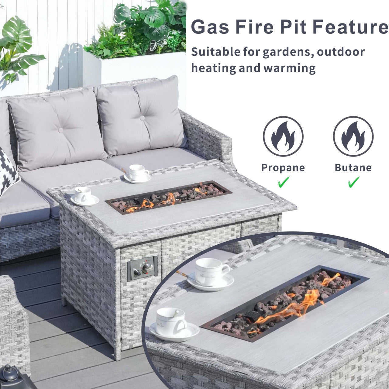 Details of Direct Wicker Gray Patio Sofa Set with Fire Pit Table 