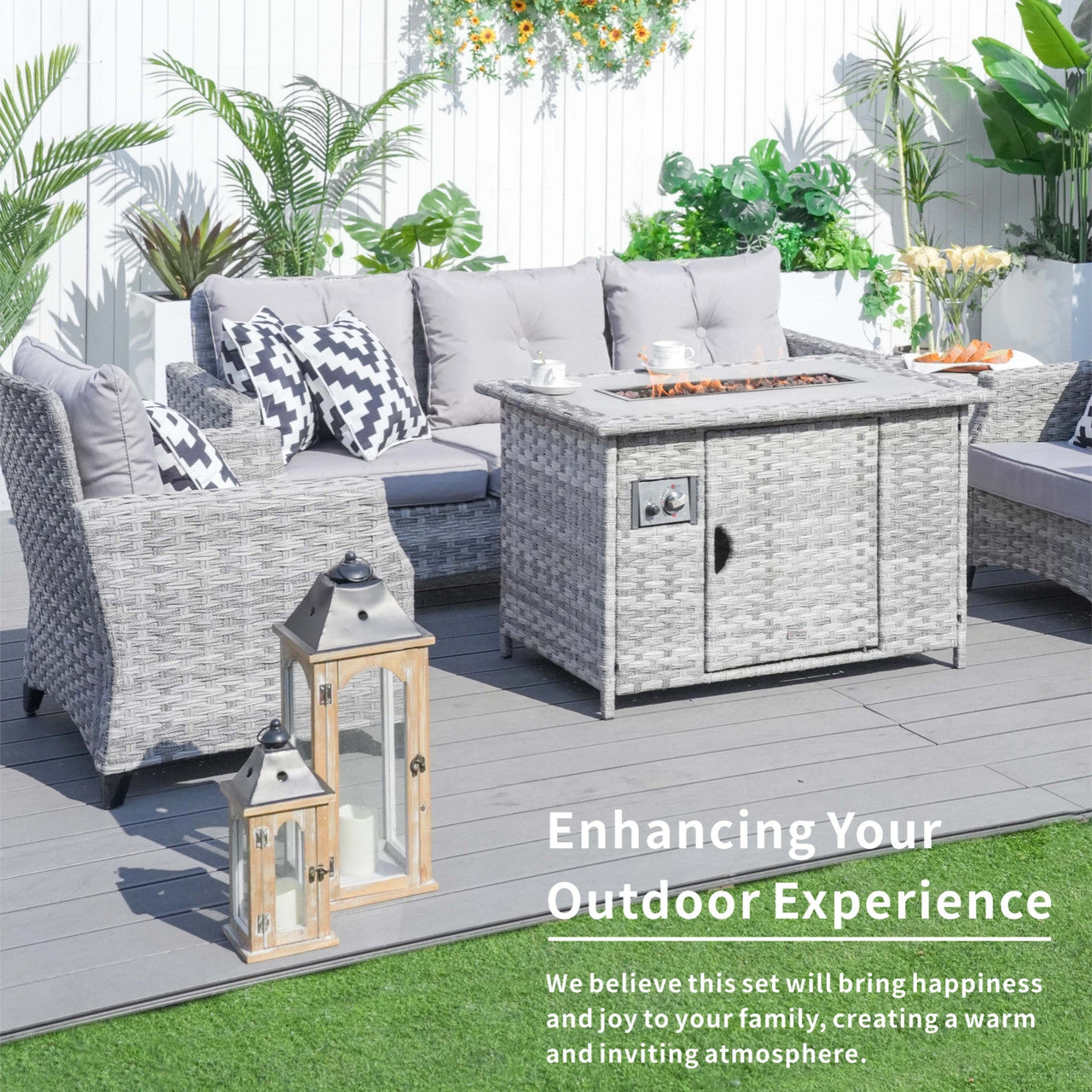 Details of Direct Wicker Gray Patio Sofa Set with Fire Pit Table 