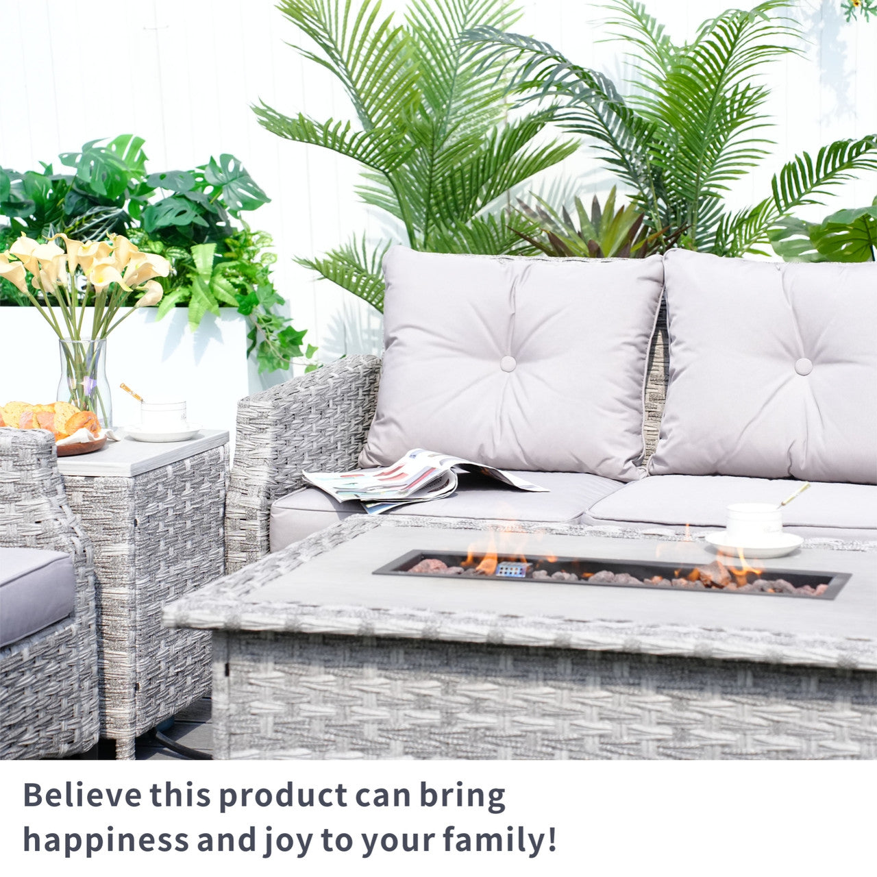 Details of Direct Wicker Gray Patio Sofa Set with Fire Pit Table 
