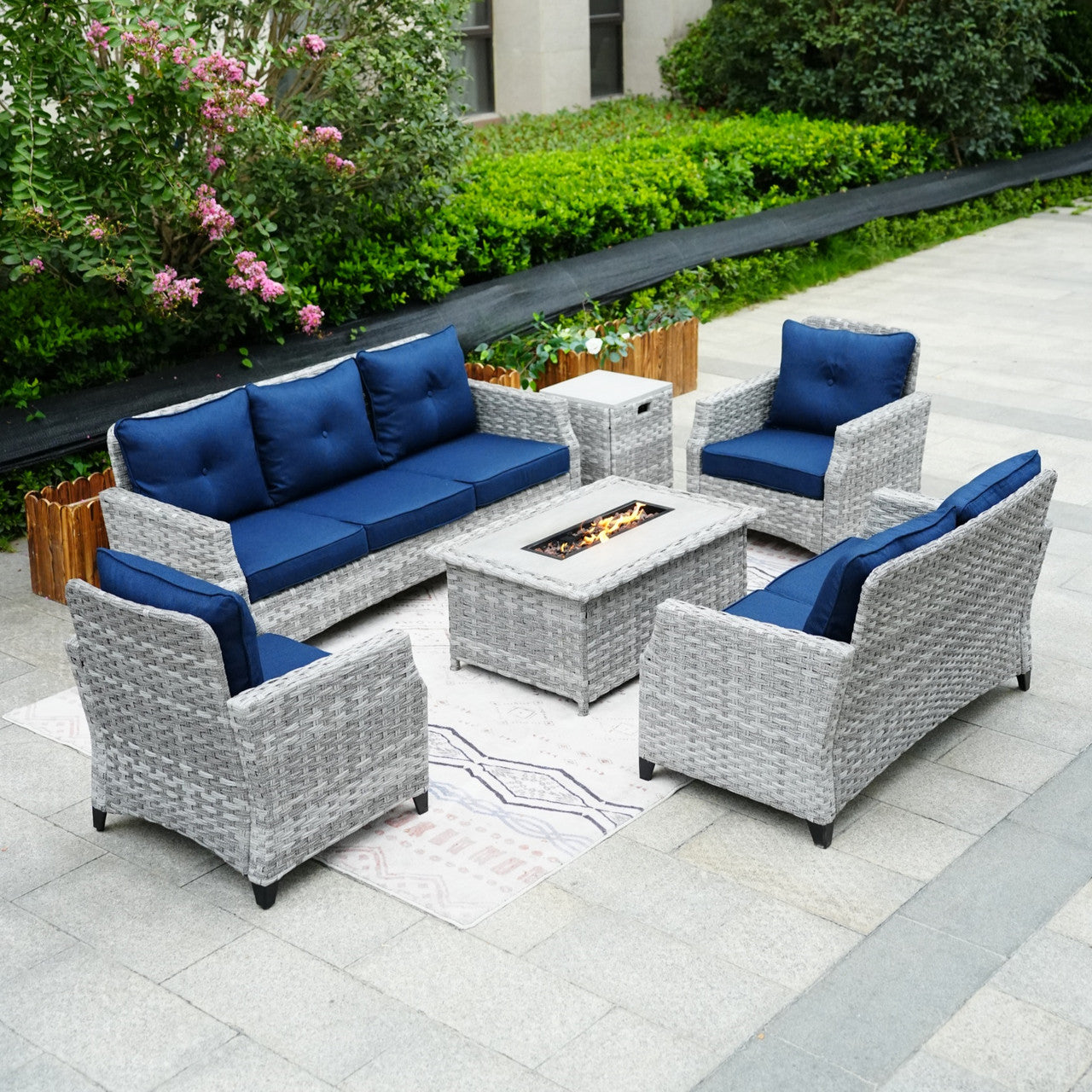 7 Seats Gray Patio Sofa Set with Small Fire Pit Table 