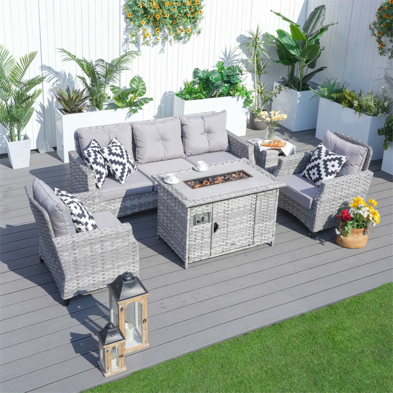Direct Wicker Gray Patio Sofa Set with Fire Pit Table – Comfortable Outdoor Lounge