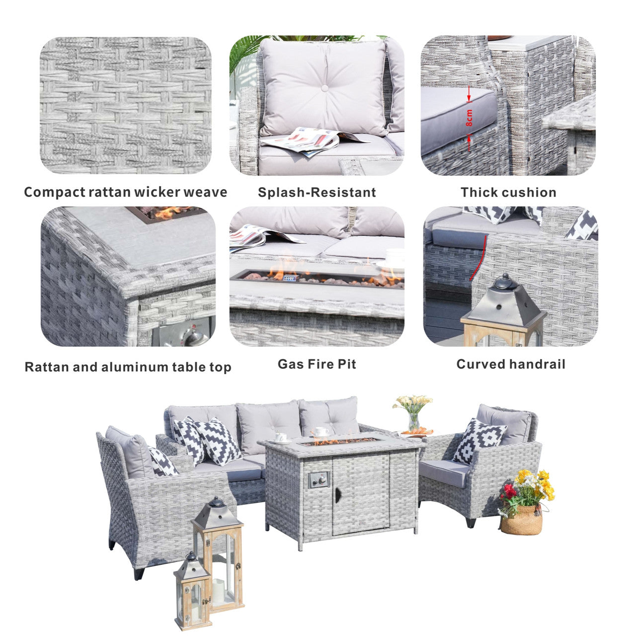 Details of Direct Wicker Gray Patio Sofa Set with Fire Pit Table 
