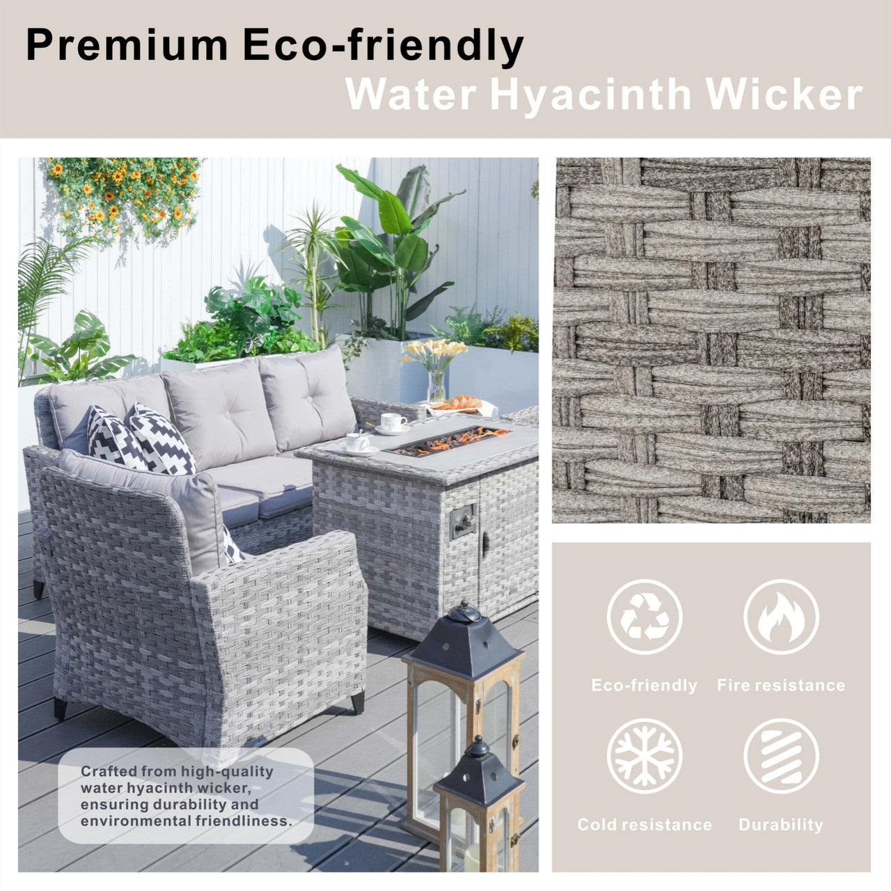 Details of Direct Wicker Gray Patio Sofa Set with Fire Pit Table 