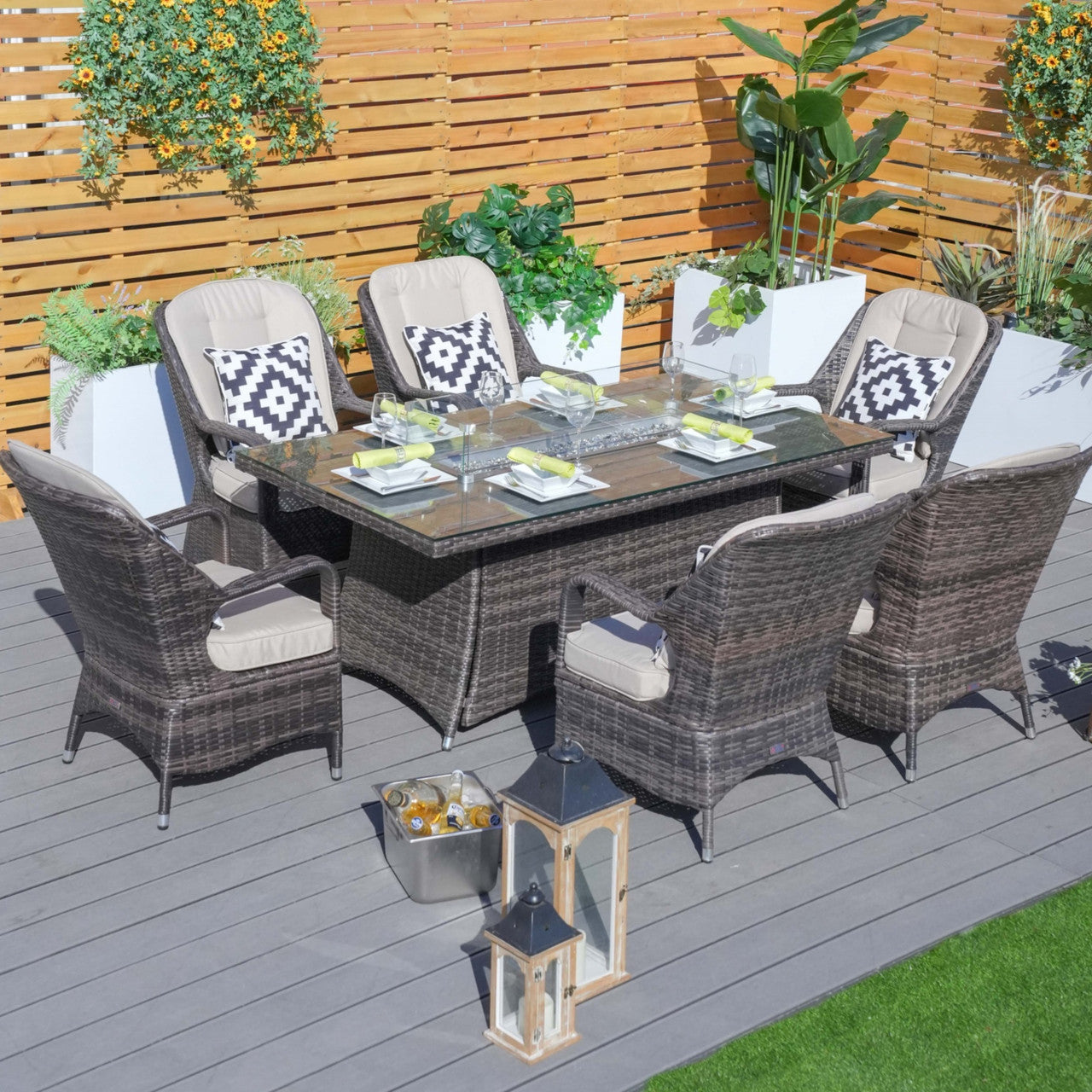 6 Seats Rectangular Fire Pit Set in Brown
