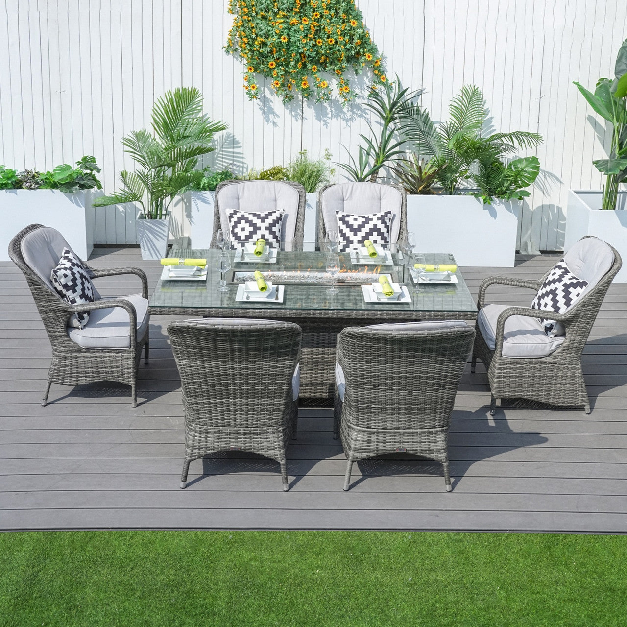 Direct Wicker's 6 Seats Rectangle Patio Fire Pit Set in Gray Color (PAG-1106R) 