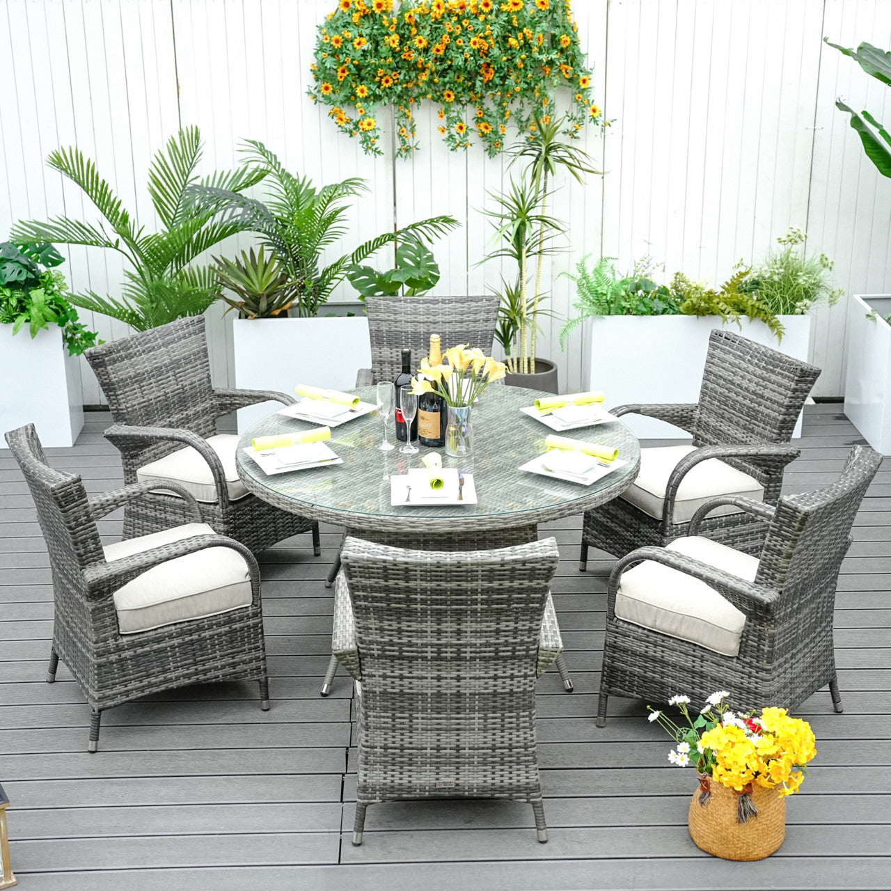 Direct Wicker's 6 Seats Round Dining Set - Table with Chairs In Gray