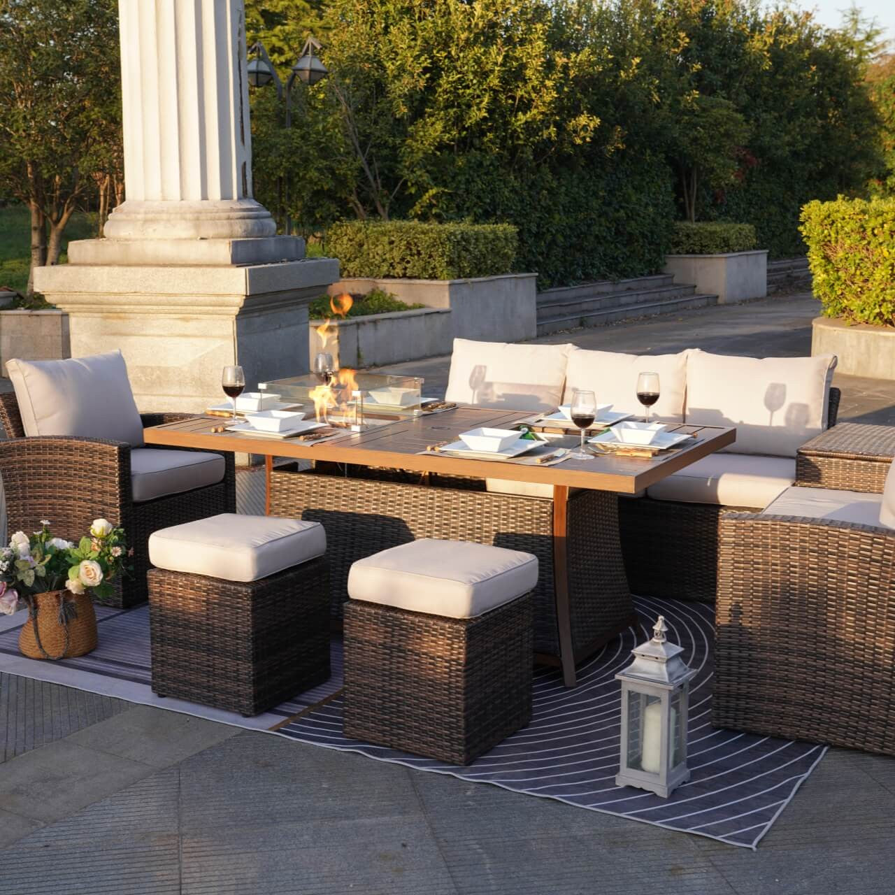 7-Piece Wicker Patio Conversation Sofa Set Fire Pit Table with Ice Bucket  in Brown
