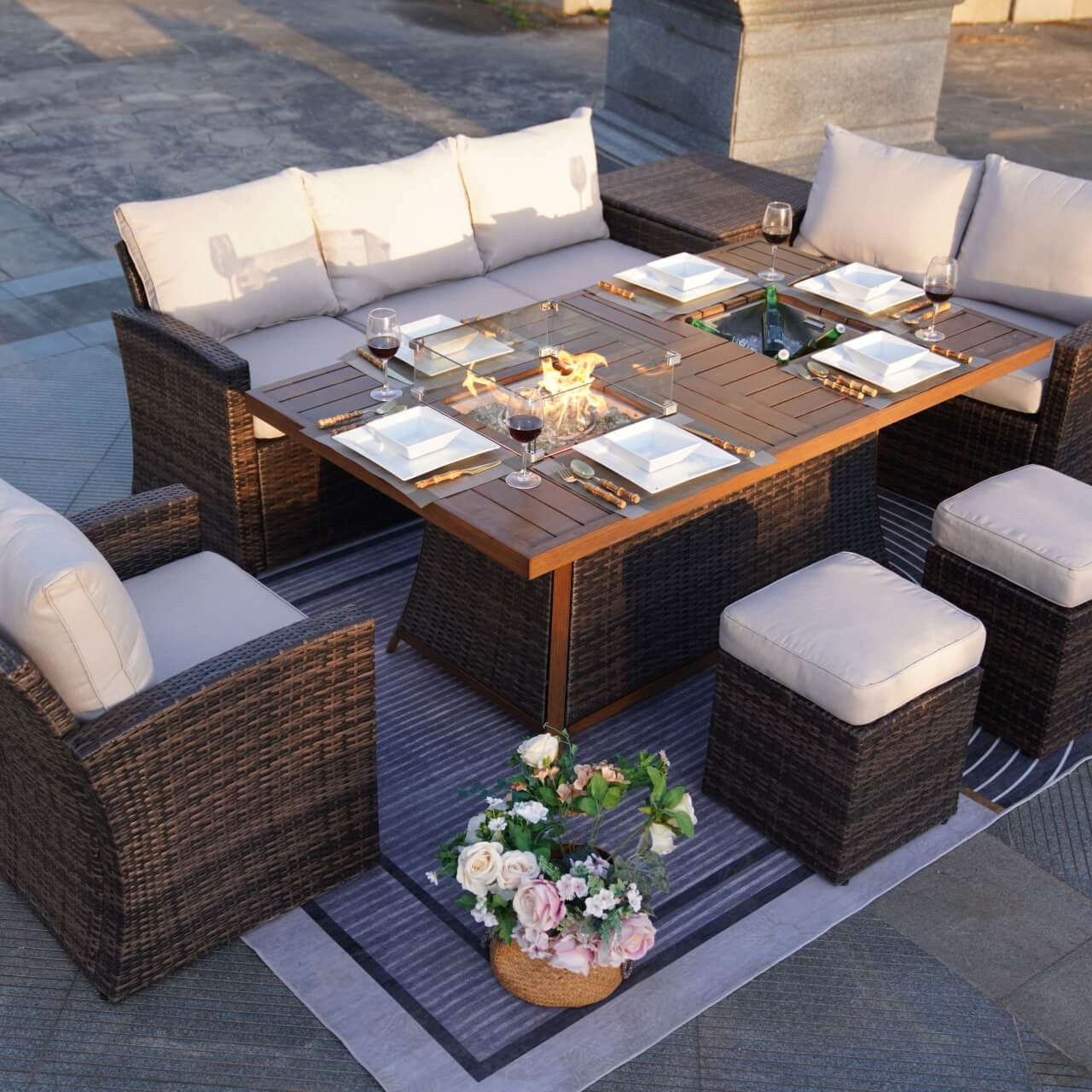 Direct Wicker's 7-Piece Wicker Patio Conversation Sofa Set Fire Pit Table with Ice Bucket  in Brown
