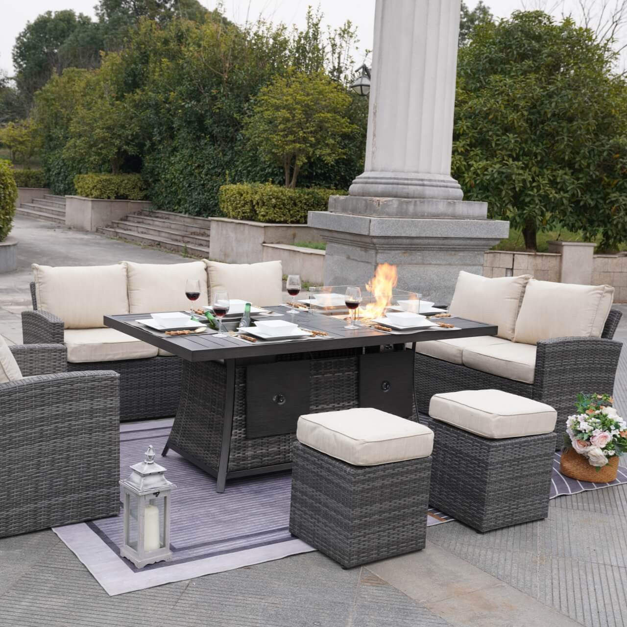 7-Piece Wicker Patio Conversation Sofa Set Fire Pit Table with Ice Bucket  in Gray