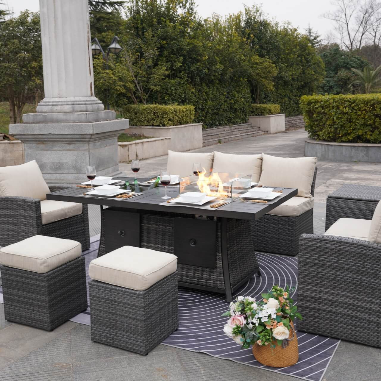 7-Piece Wicker Patio Conversation Sofa Set Fire Pit Table with Ice Bucket  in Gray