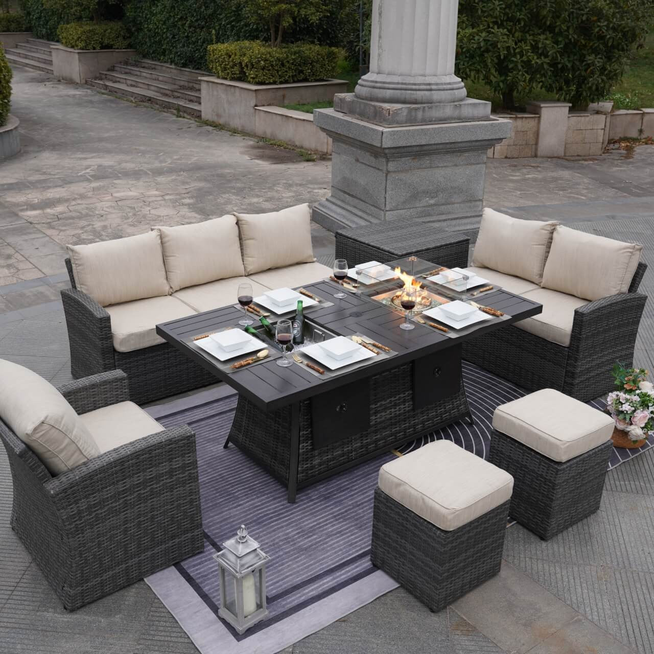 7-Piece Wicker Patio Conversation Sofa Set Fire Pit Table with Ice Bucket  in Gray