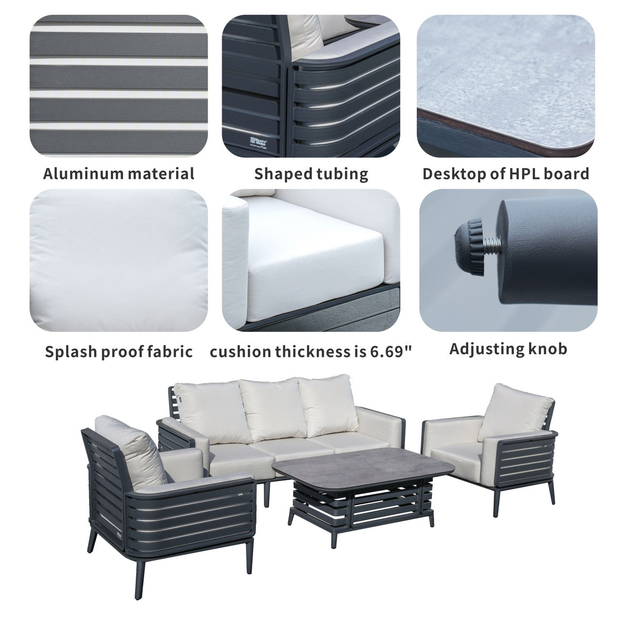New aluminum exposed tube high-end five-person sofa set | PAS-2350TS
