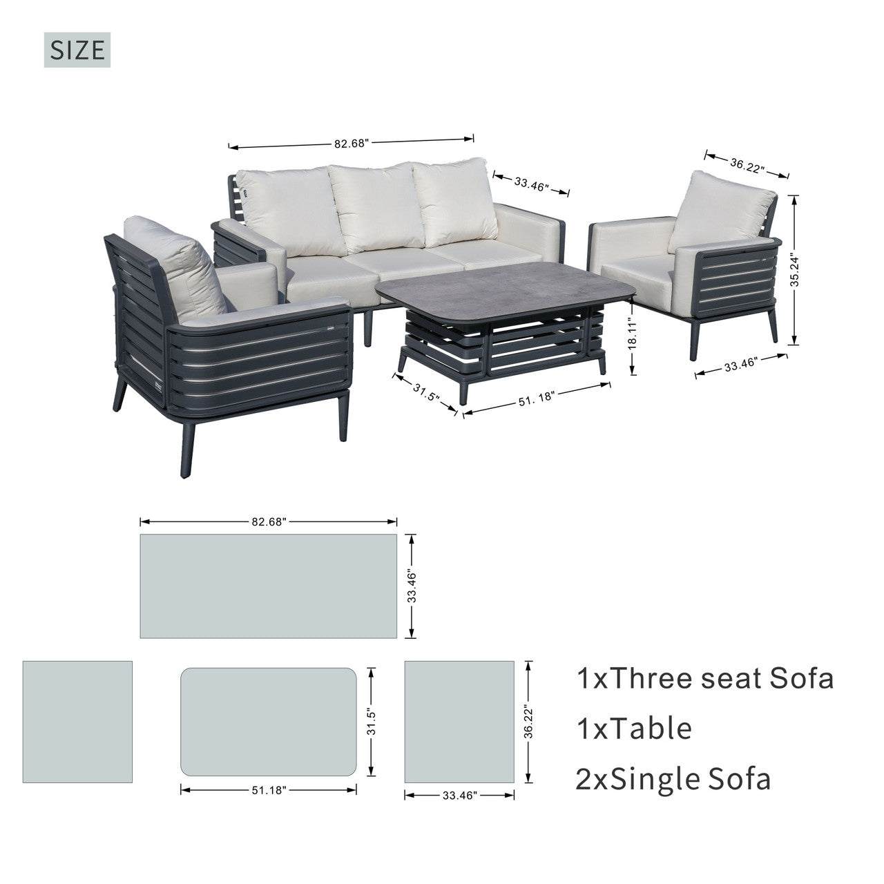 New aluminum exposed tube high-end five-person sofa set | PAS-2350TS