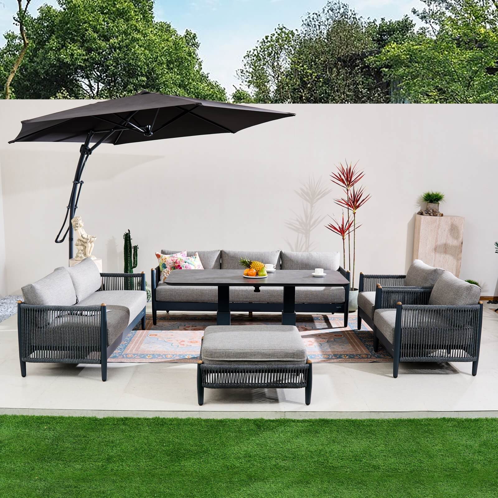 Numa-Style Nord 7-Seat Sofa Set with Rising Dining Table & Coffee Table with Footstool