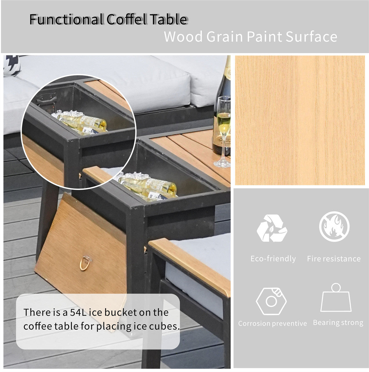 Details of Outdoor Black Iron Conversational Sofa Set with Gray Cushions and Drink Cooler 