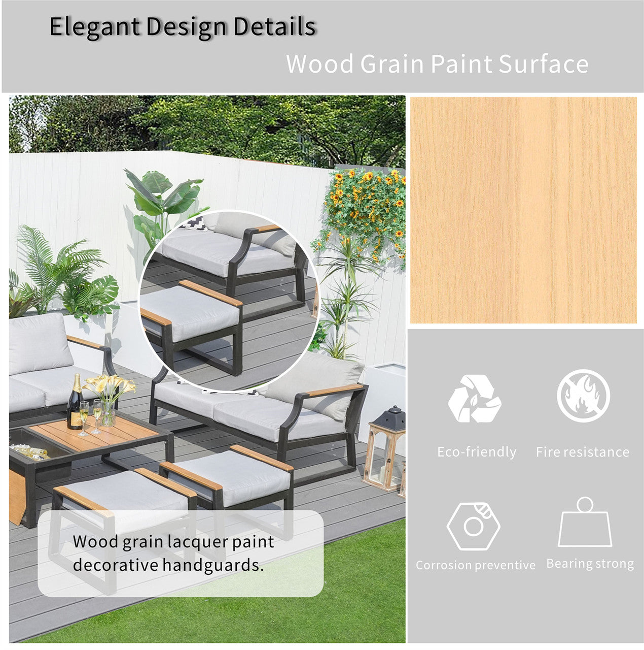 Details of Outdoor Black Iron Conversational Sofa Set with Gray Cushions and Drink Cooler 