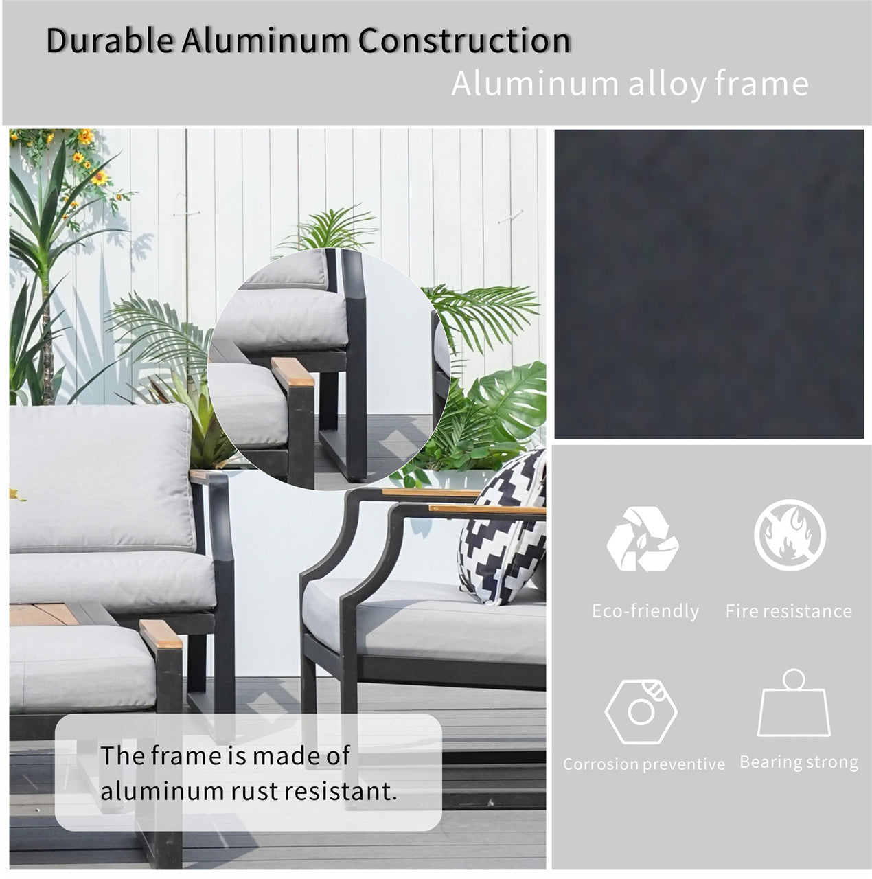 Details of Outdoor Black Iron Conversational Sofa Set with Gray Cushions and Drink Cooler 