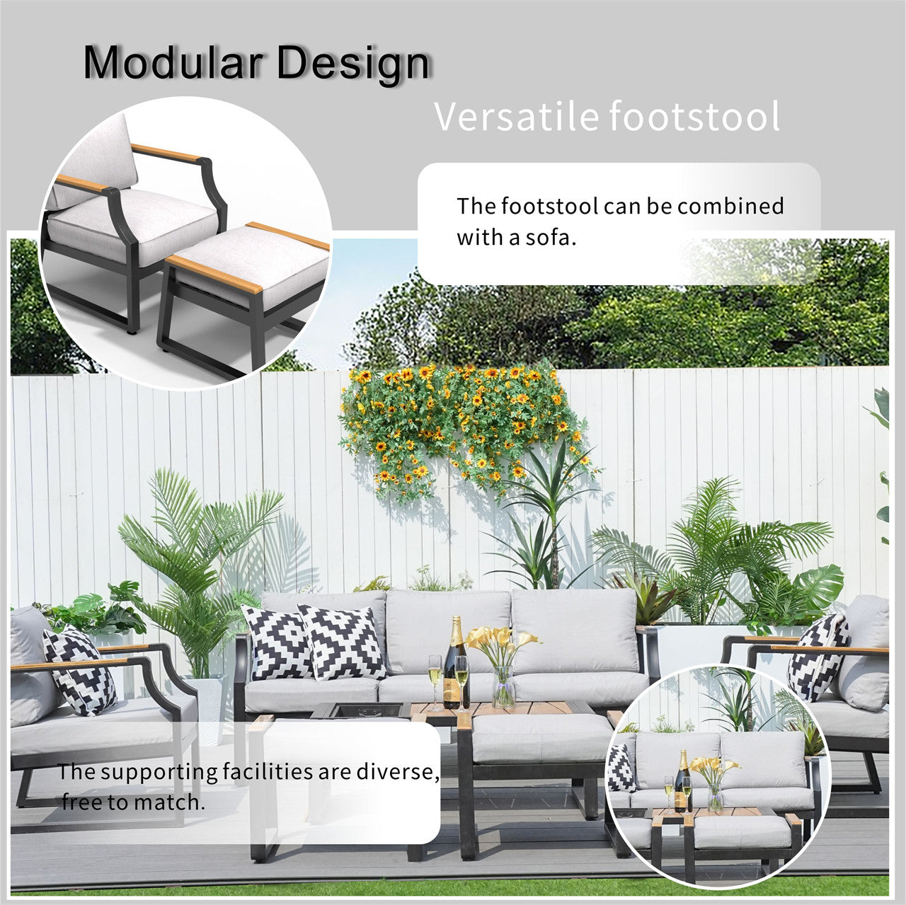 Details of Outdoor Black Iron Conversational Sofa Set with Gray Cushions and Drink Cooler 