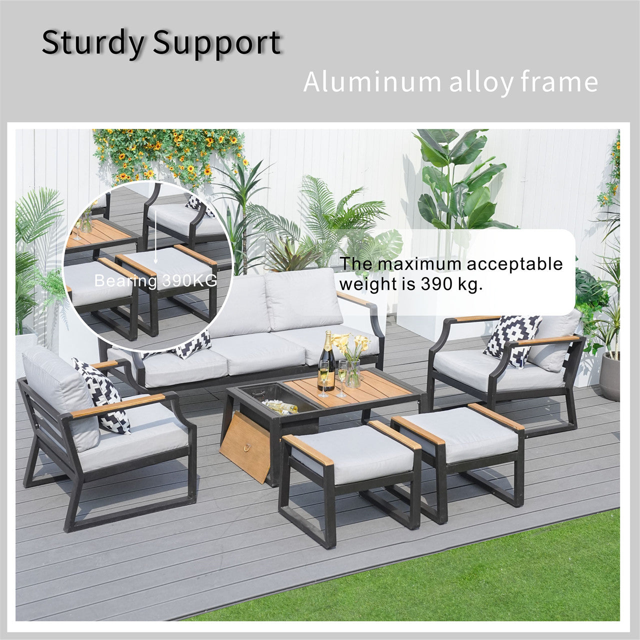 Details of Outdoor Black Iron Conversational Sofa Set with Gray Cushions and Drink Cooler 