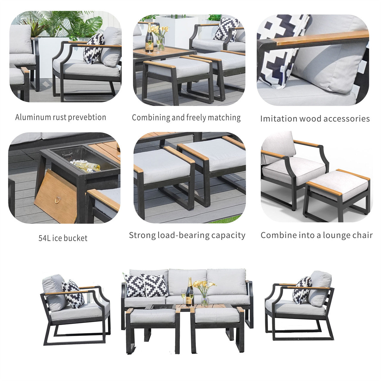 Details of Outdoor Black Iron Conversational Sofa Set with Gray Cushions and Drink Cooler 