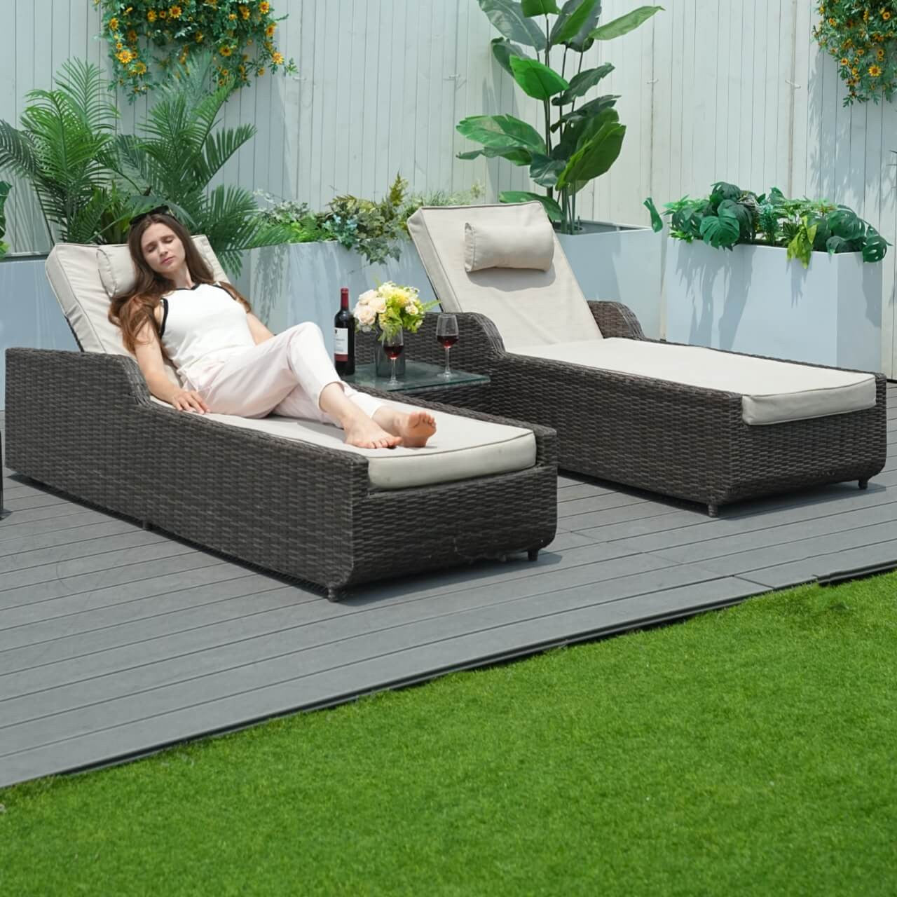 Outdoor Wicker Chaise Lounge with Armrest PAL-1127B in Brown Color