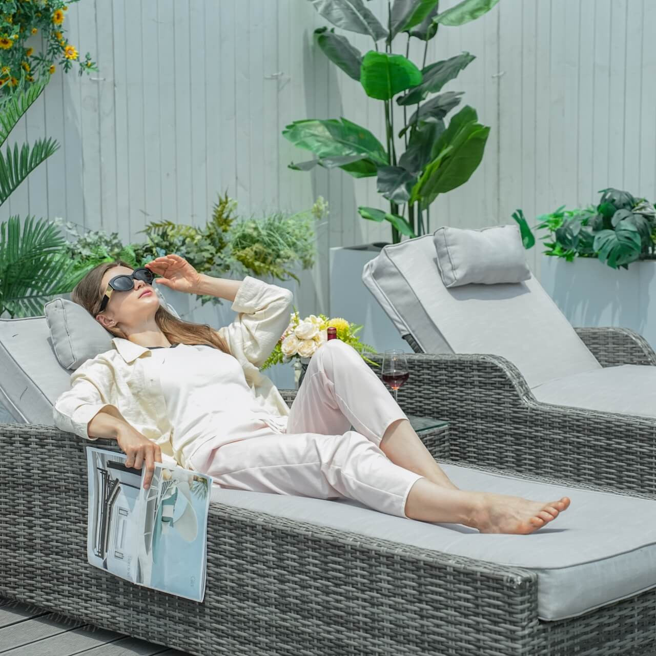 Details of Outdoor Wicker Chaise Lounge with Armrest PAL-1127B in Gray Color