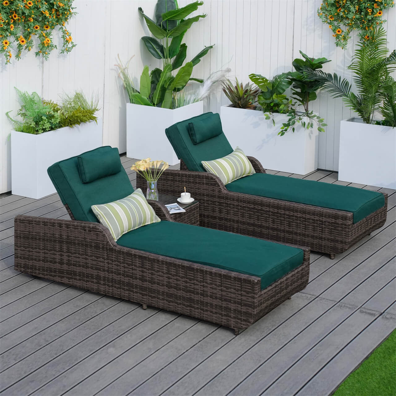 Outdoor Wicker Chaise Lounge with Armrest PAL-1127B with Brown Wicker and Green Covers