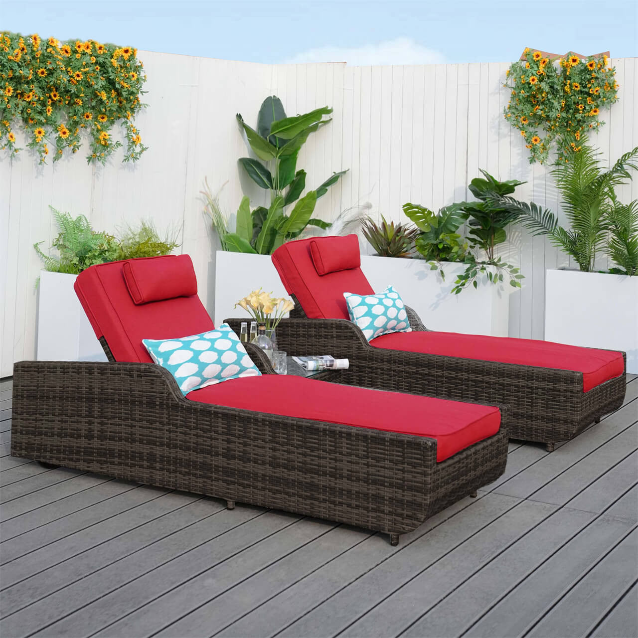 Outdoor Wicker Chaise Lounge PAL-1127 with Red Covers