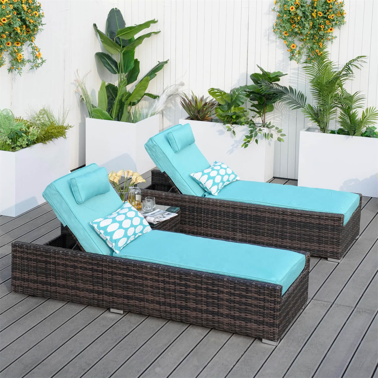 Outdoor Wicker Chaise Lounge with Armrest PAL-1127B with Brown Wicker and Cyan Covers