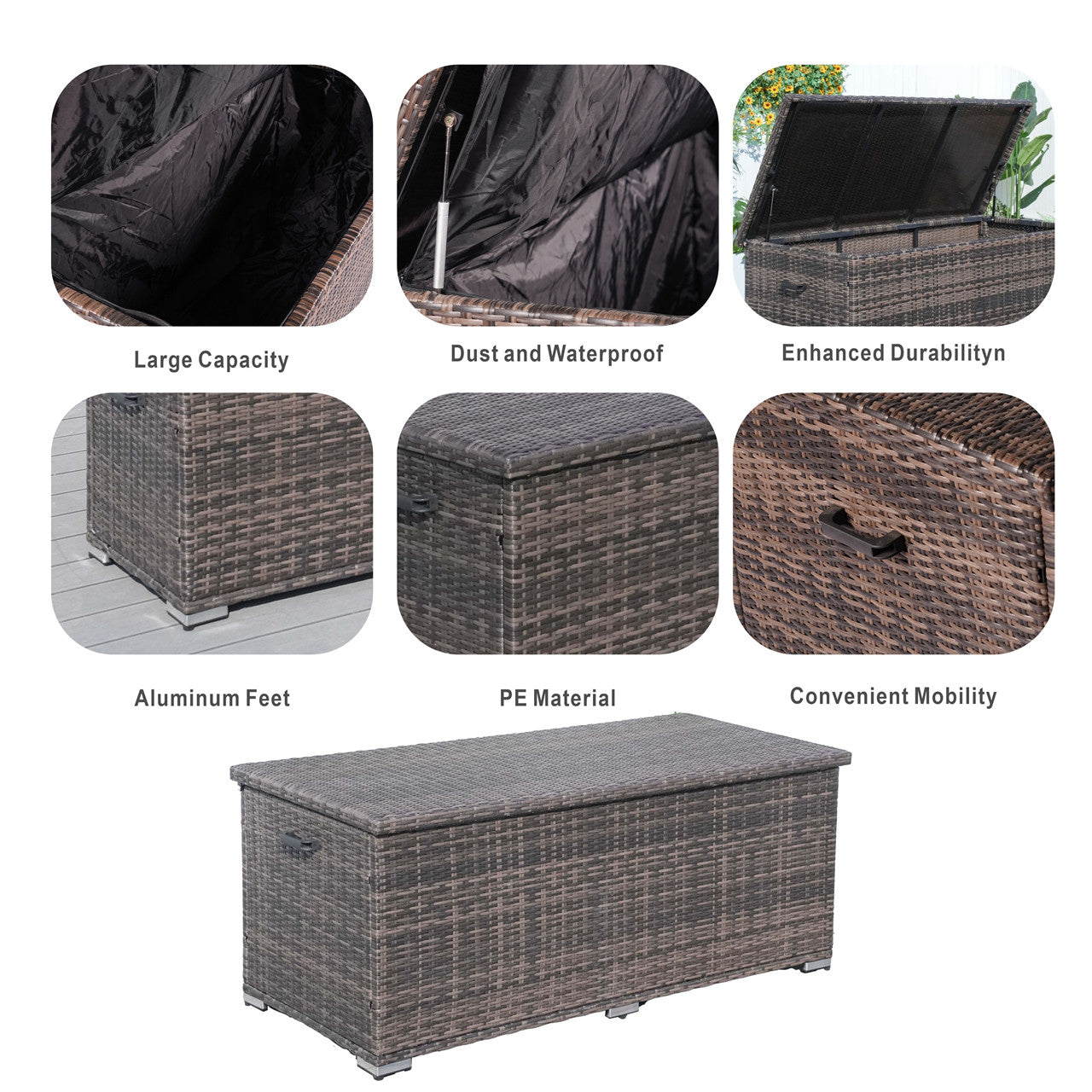 260 Gallon Capacity Outdoor Wicker Storage Box PE Wicker with Aluminum Frame (PA-3256B)