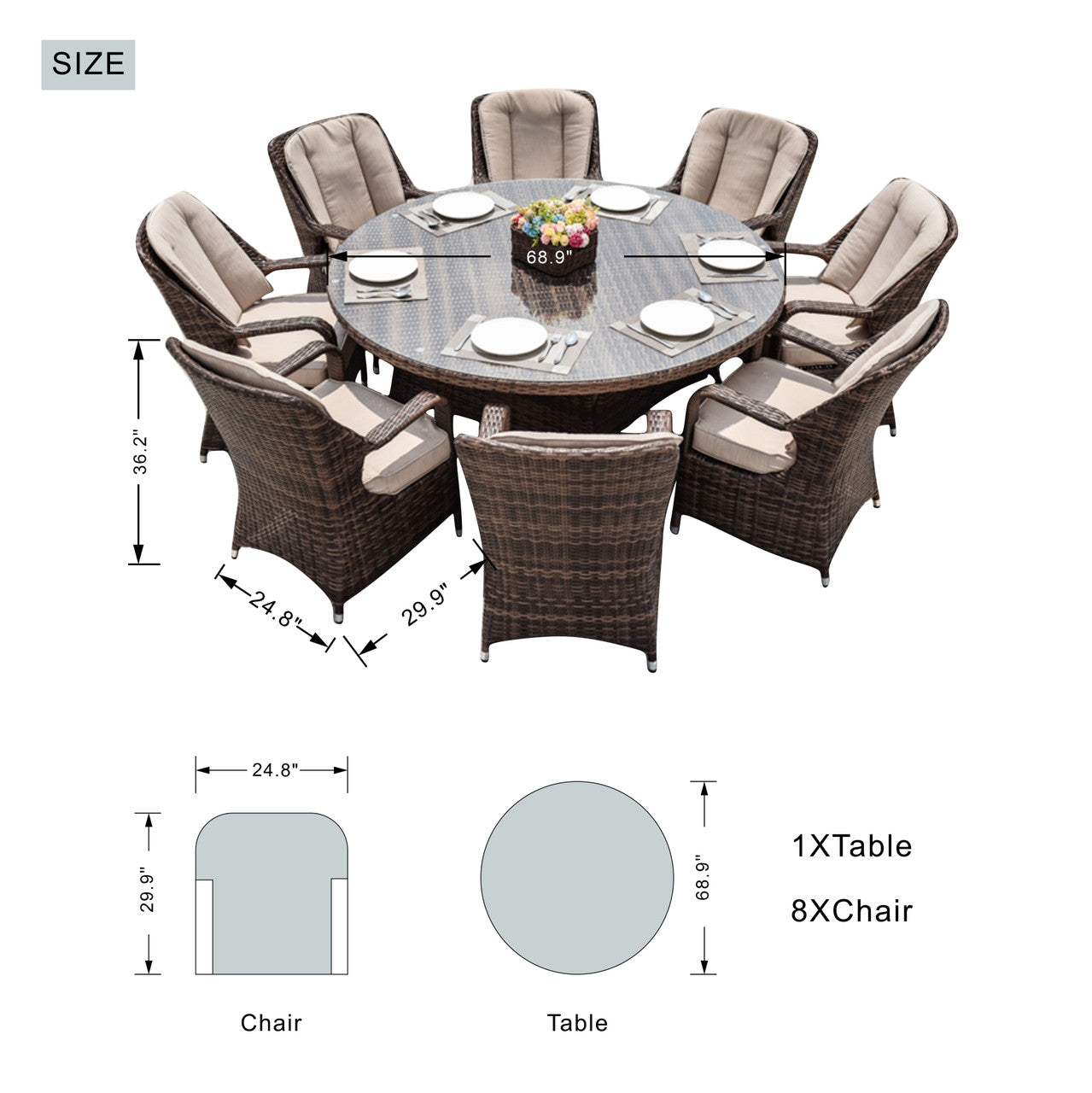 Parma 8-Seat Outdoor Dining Set - Round Dining Table (PAD-1714)