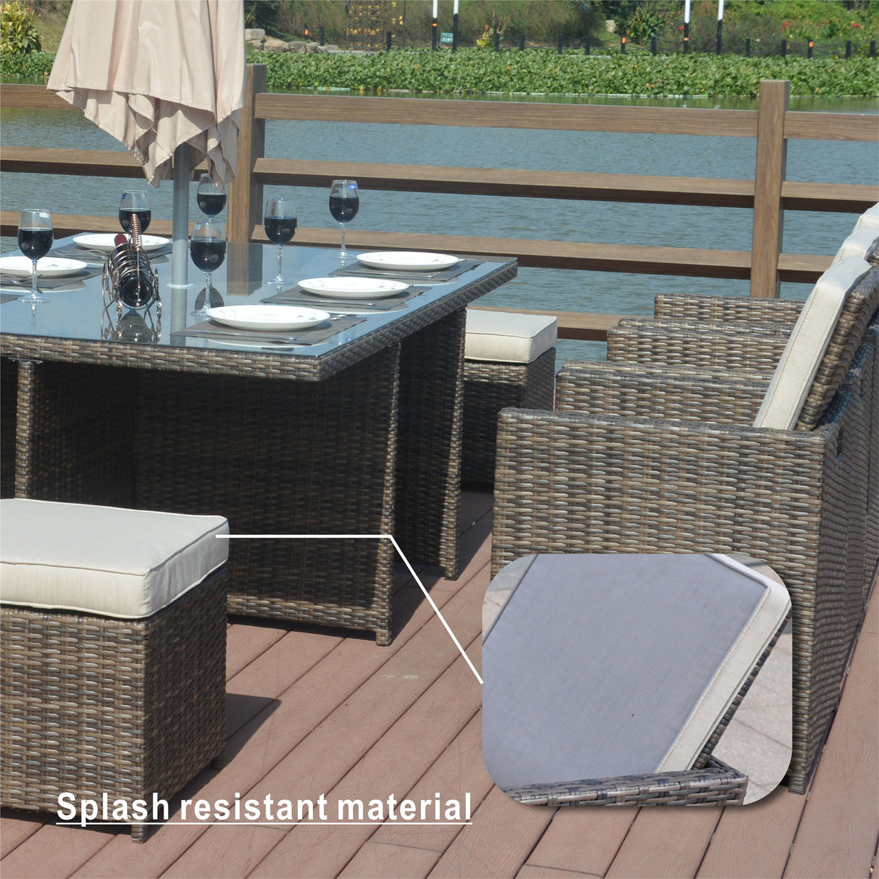 Detail of 6 Seats Patio Dining Set Rectangular Dining Table with Chairs and Ottoman