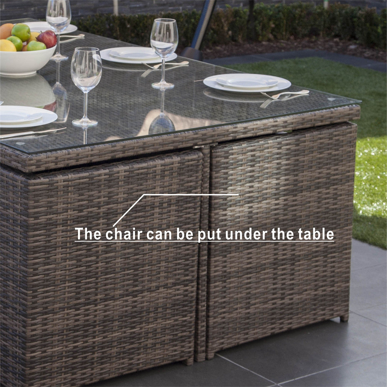 Detail of 6 Seats Patio Dining Set Rectangular Dining Table with Chairs and Ottoman