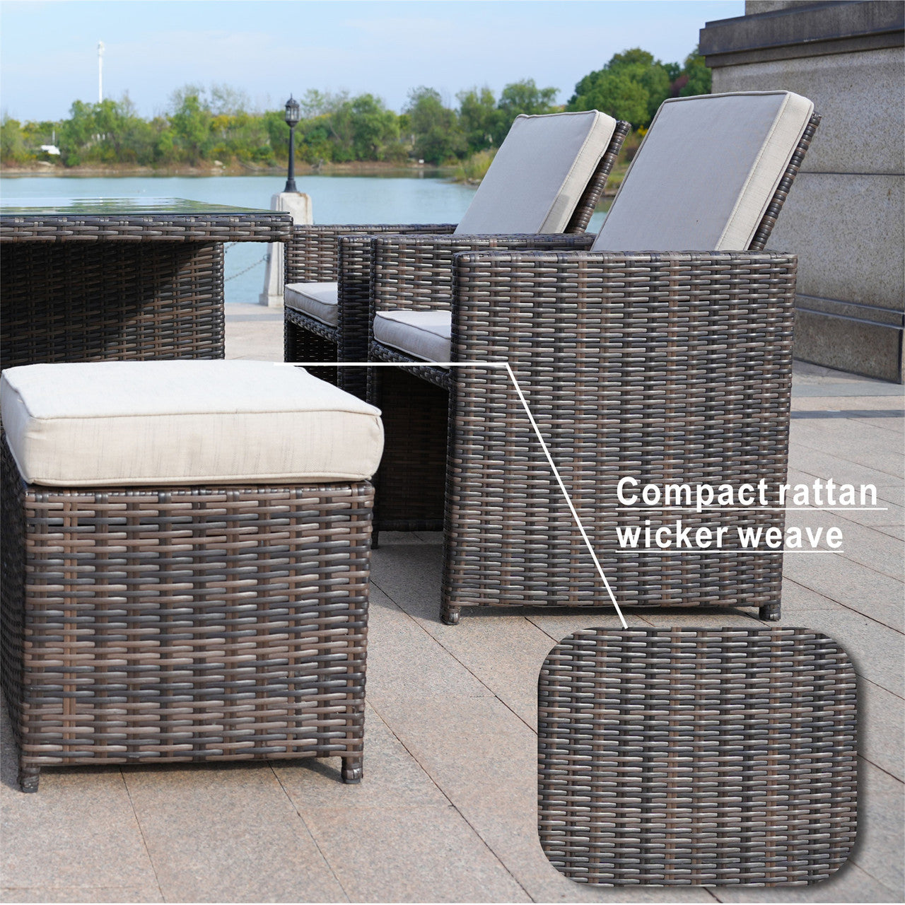 Detail of 6 Seats Patio Dining Set Rectangular Dining Table with Chairs and Ottoman