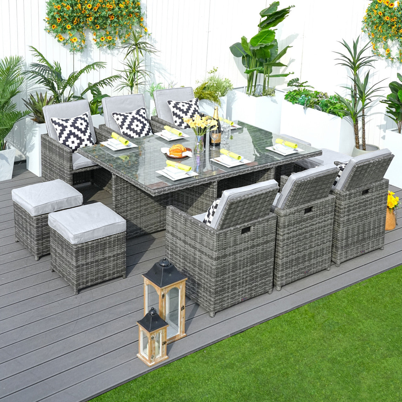 6 Seats Patio Dining Set Rectangular Dining Table with Chairs and Ottoman in Gray